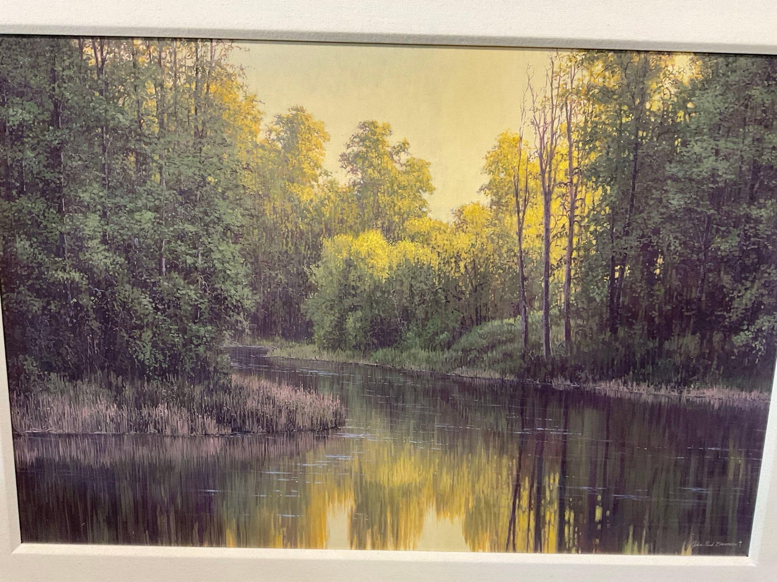Framed Large Landscape Oil on Paper Painting Riverside Scene, by John Paul Braman, 38x52 inches - 2