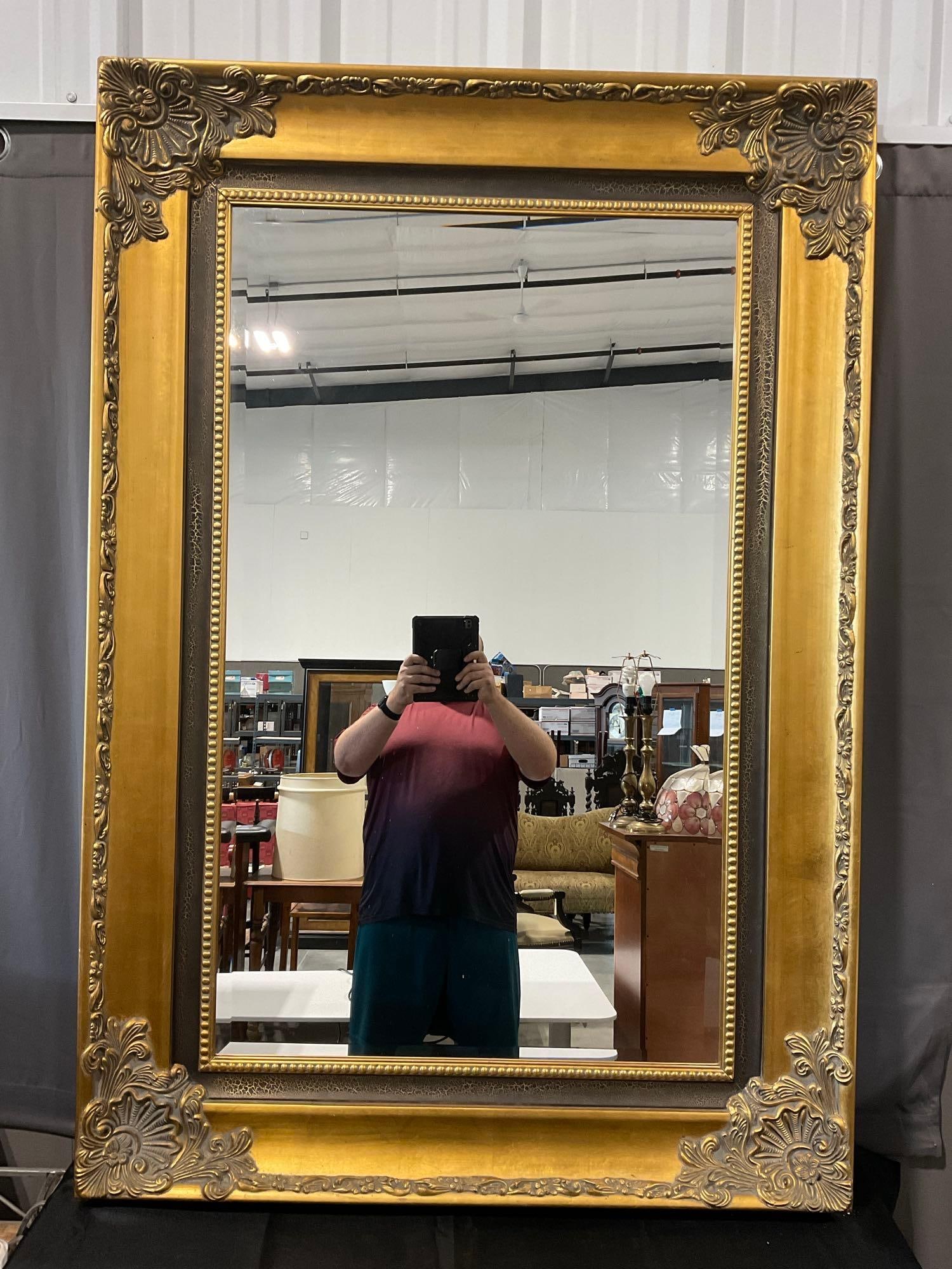 Huge Gilt Tone Framed Mirror, Dark Wood Corner Cartouches, Beveled Glass, 65x46 inches (1 of 4)