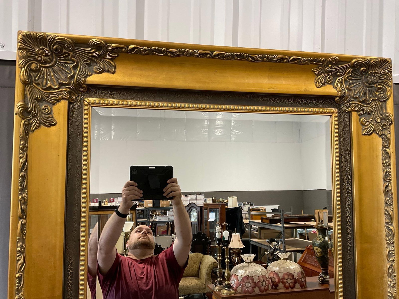 Huge Gilt Tone Framed Mirror, Dark Wood Corner Cartouches, Beveled Glass, 65x46 inches - 2