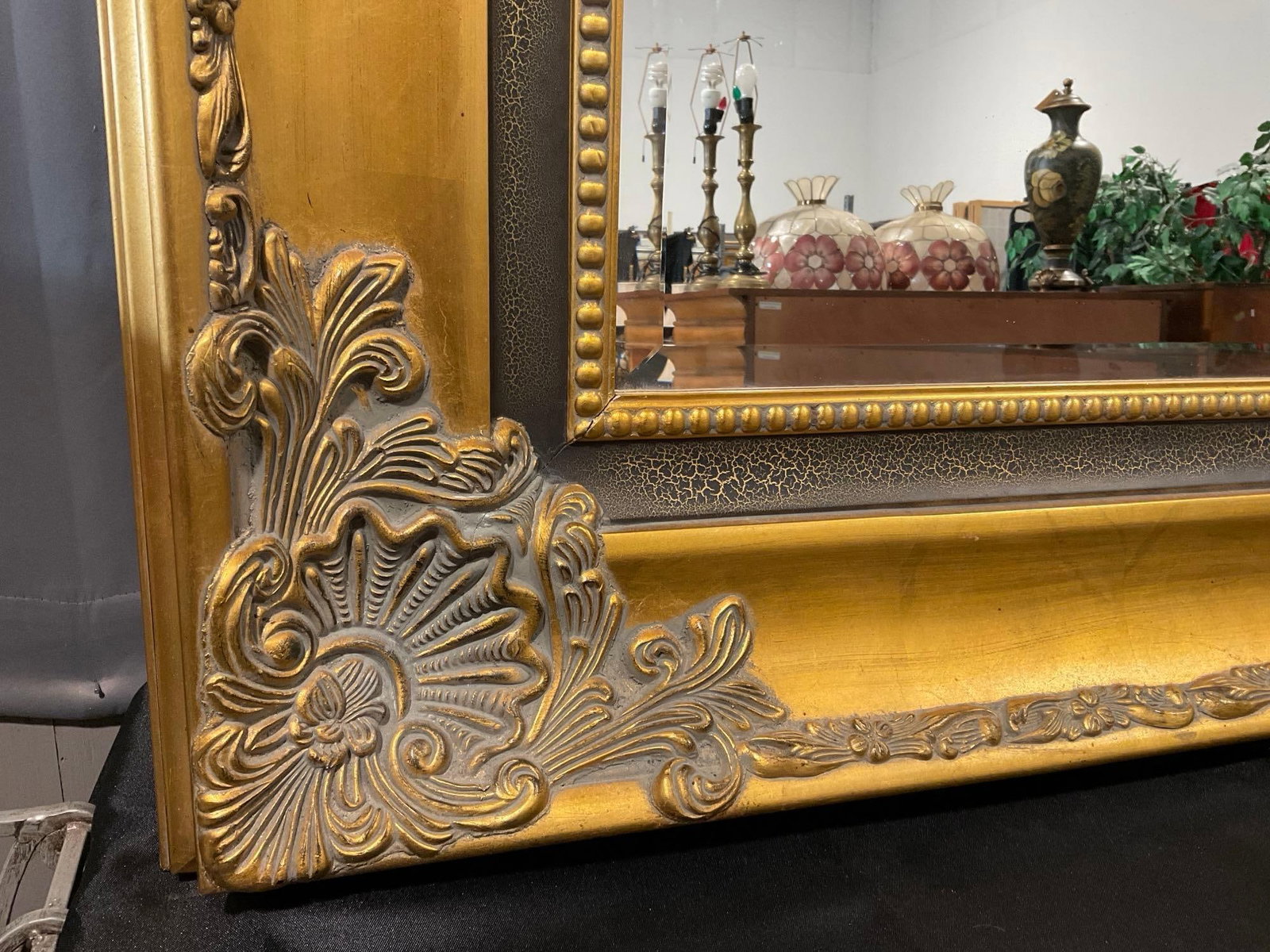 Huge Gilt Tone Framed Mirror, Dark Wood Corner Cartouches, Beveled Glass, 65x46 inches - 3