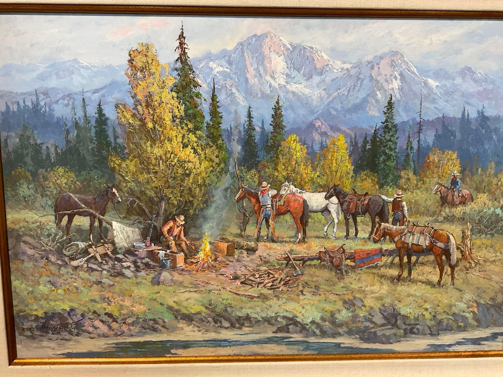 Framed Impasto Original Oil Painting By Fred Oldfiled Frontier Cowboys Making Camp near the River - 2