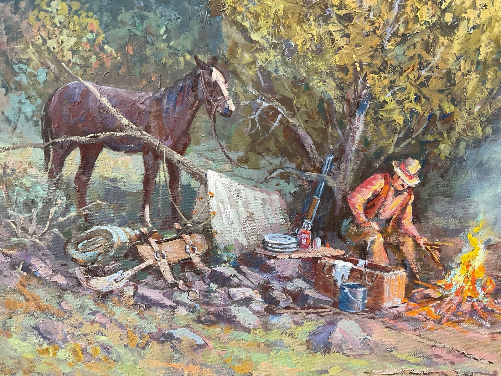 Framed Impasto Original Oil Painting By Fred Oldfiled Frontier Cowboys Making Camp near the River - 4