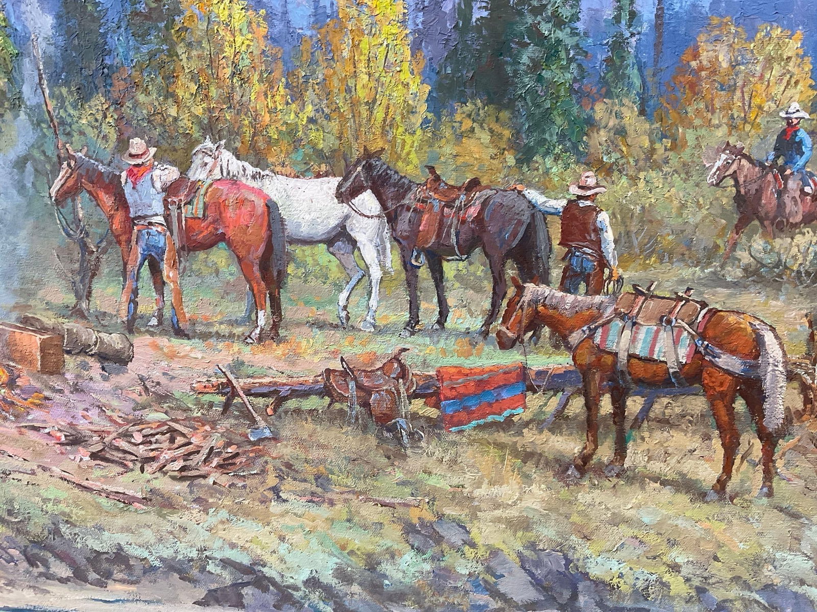 Framed Impasto Original Oil Painting By Fred Oldfiled Frontier Cowboys Making Camp near the River - 5