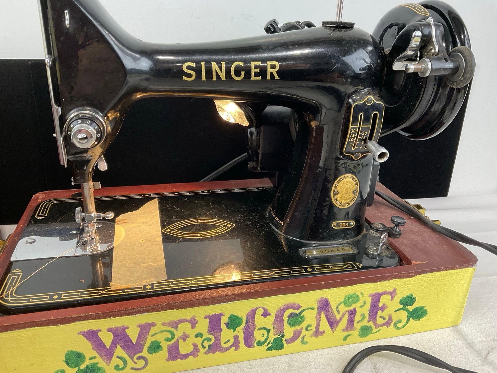 Vintage Singer model 99K Electric Sewing Machine, Steel Cast w/Black/Gold finish, fancifully pain... - 2
