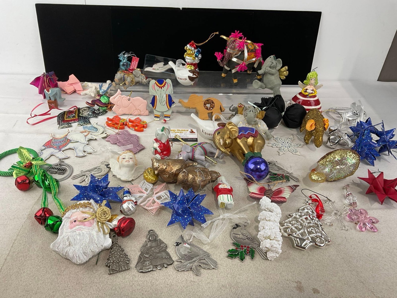 Variety of Christmas Ornaments, Pewter Cardinals, Elephants, Santa, Lenox Tree, Folded Paper & more: Appears to be in good shape. The piece measures approx 8h x 14w x 11d inches. See pics. E-6230