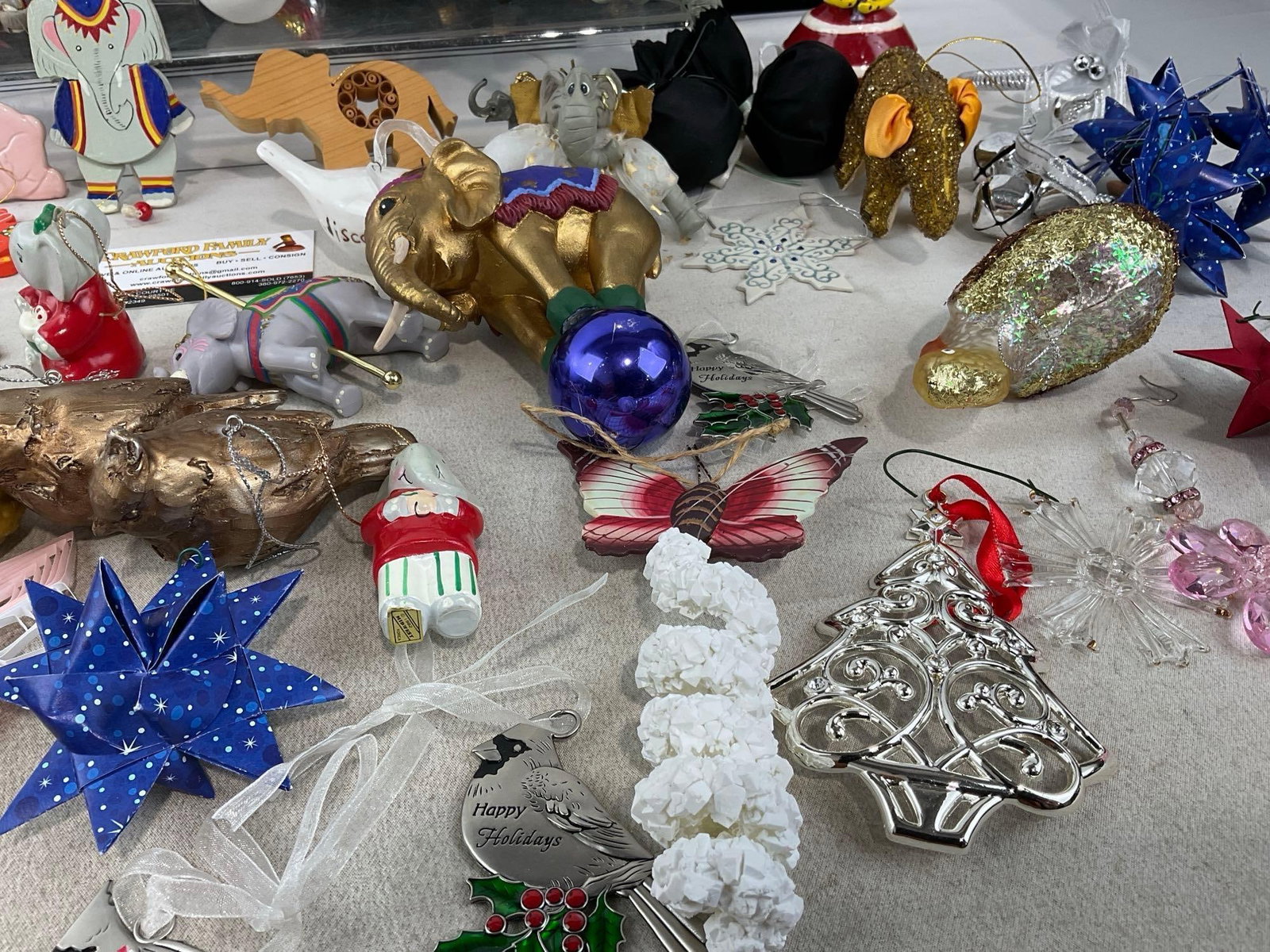 Variety of Christmas Ornaments, Pewter Cardinals, Elephants, Santa, Lenox Tree, Folded Paper & more - 4