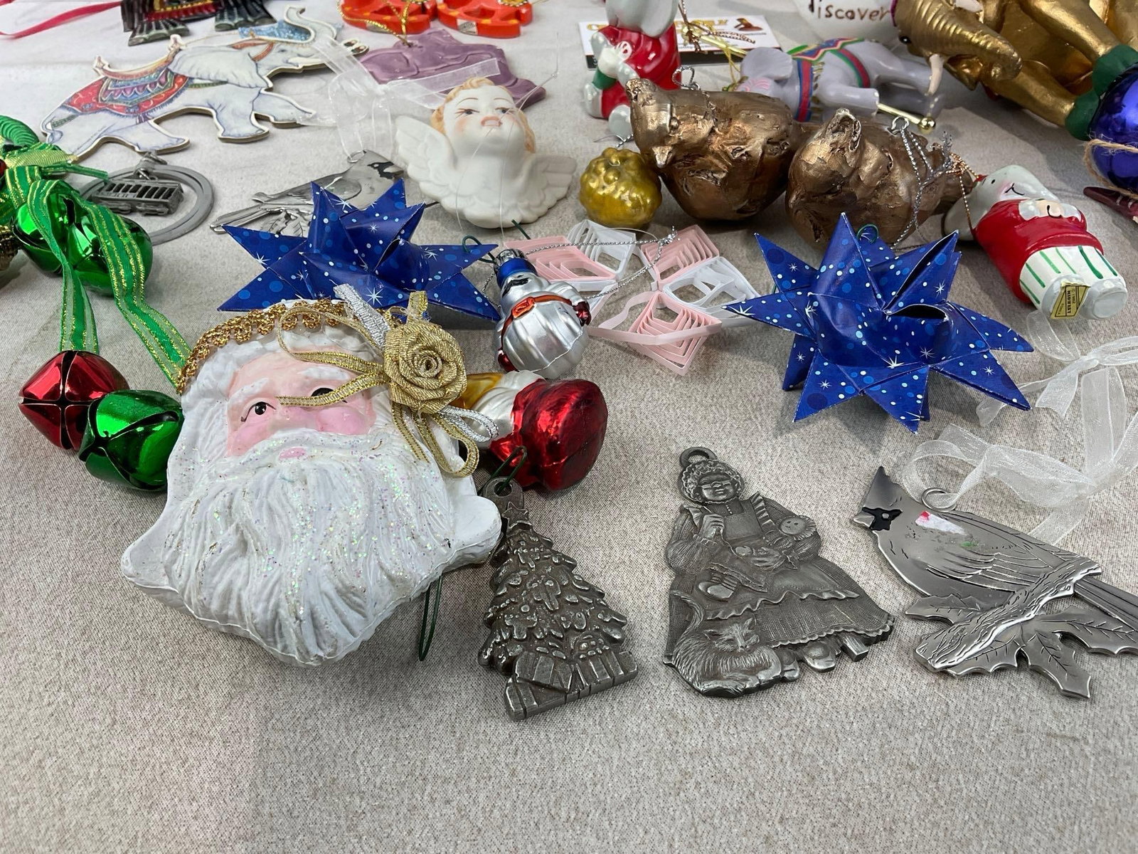 Variety of Christmas Ornaments, Pewter Cardinals, Elephants, Santa, Lenox Tree, Folded Paper & more - 5