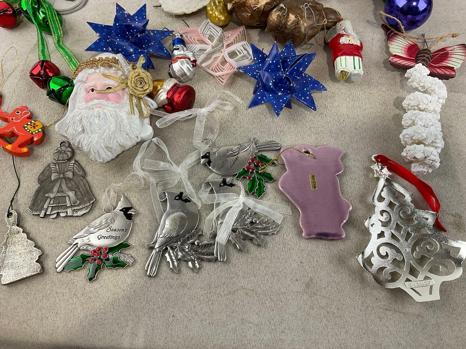 Variety of Christmas Ornaments, Pewter Cardinals, Elephants, Santa, Lenox Tree, Folded Paper & more - 7