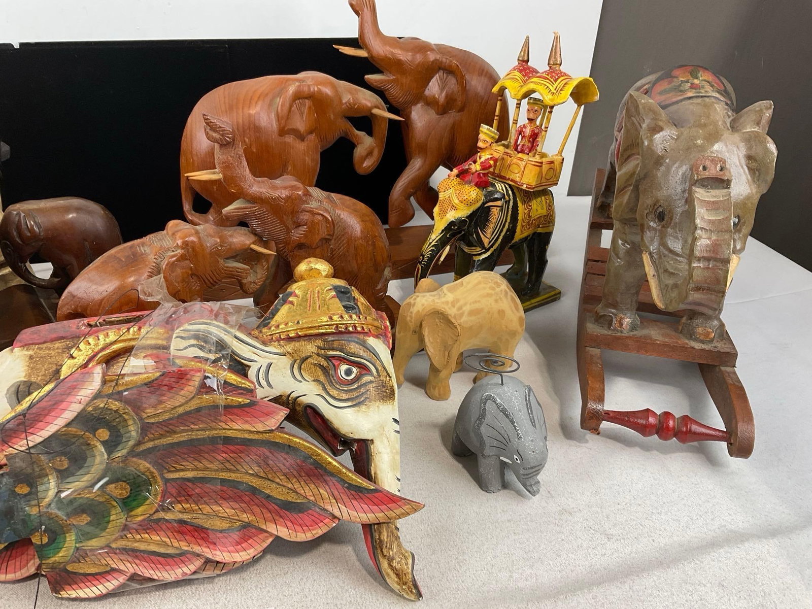 Assorted Elephant Carved Wooden Figures, Balinesian style Puppers, Thai style w/rider & Rocking Toy - 3