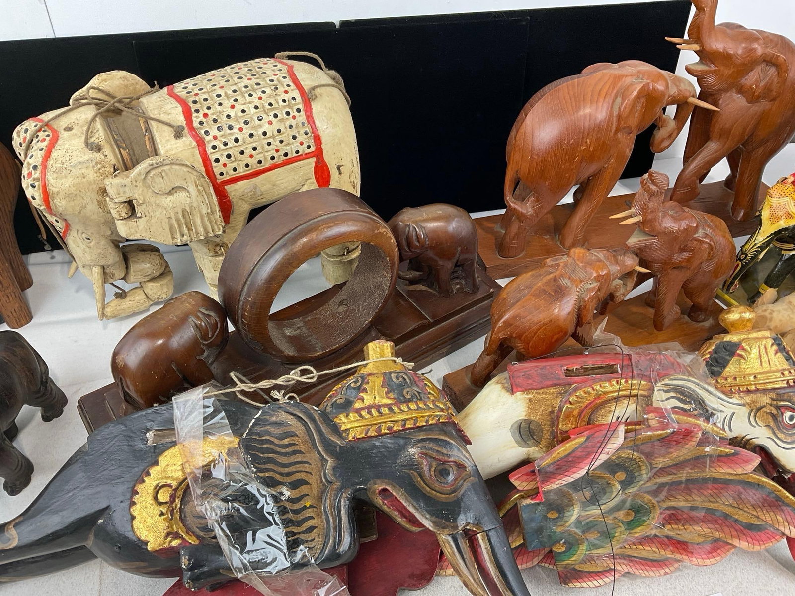 Assorted Elephant Carved Wooden Figures, Balinesian style Puppers, Thai style w/rider & Rocking Toy - 4