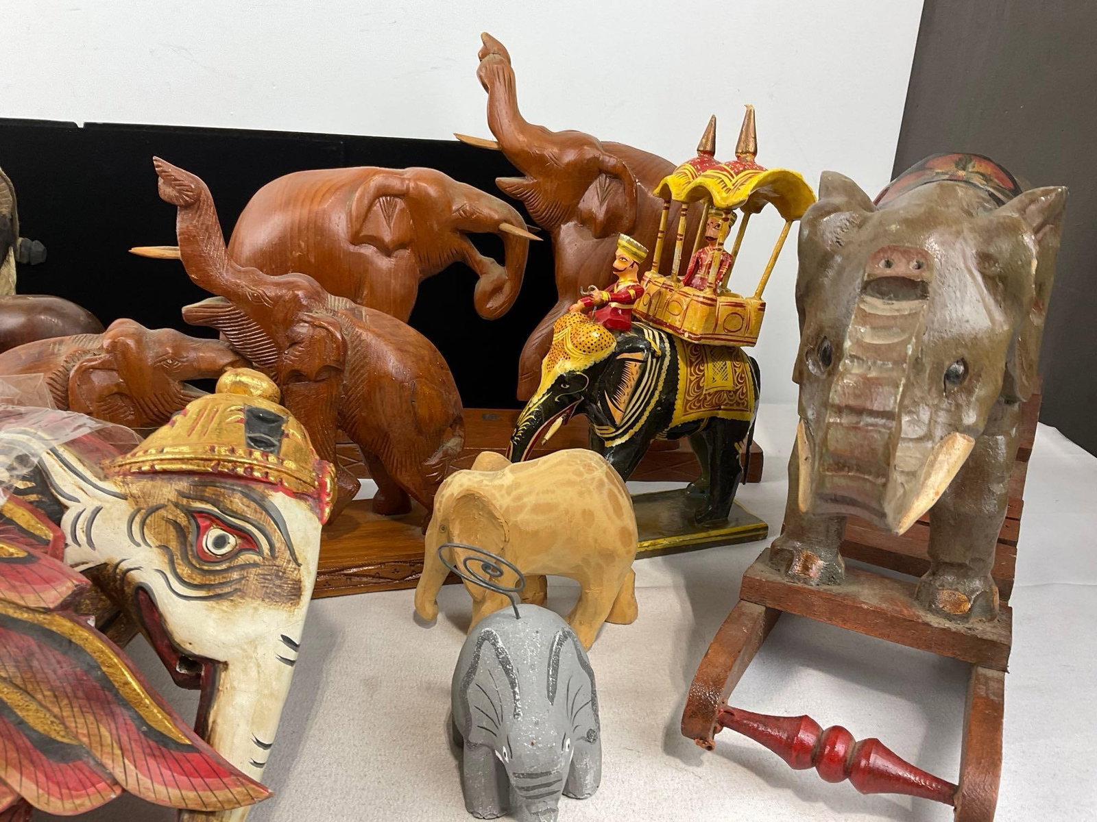 Assorted Elephant Carved Wooden Figures, Balinesian style Puppers, Thai style w/rider & Rocking Toy - 5
