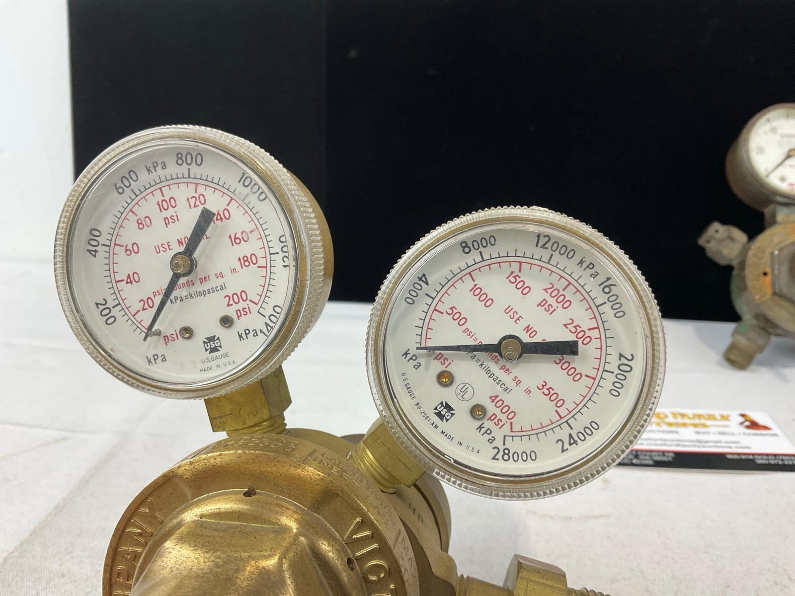 Pair of Cast Brass Victor Equipment Co. Valves, w/Oxygen/Acetylene US Gauge Co. Gas Gauges - 2