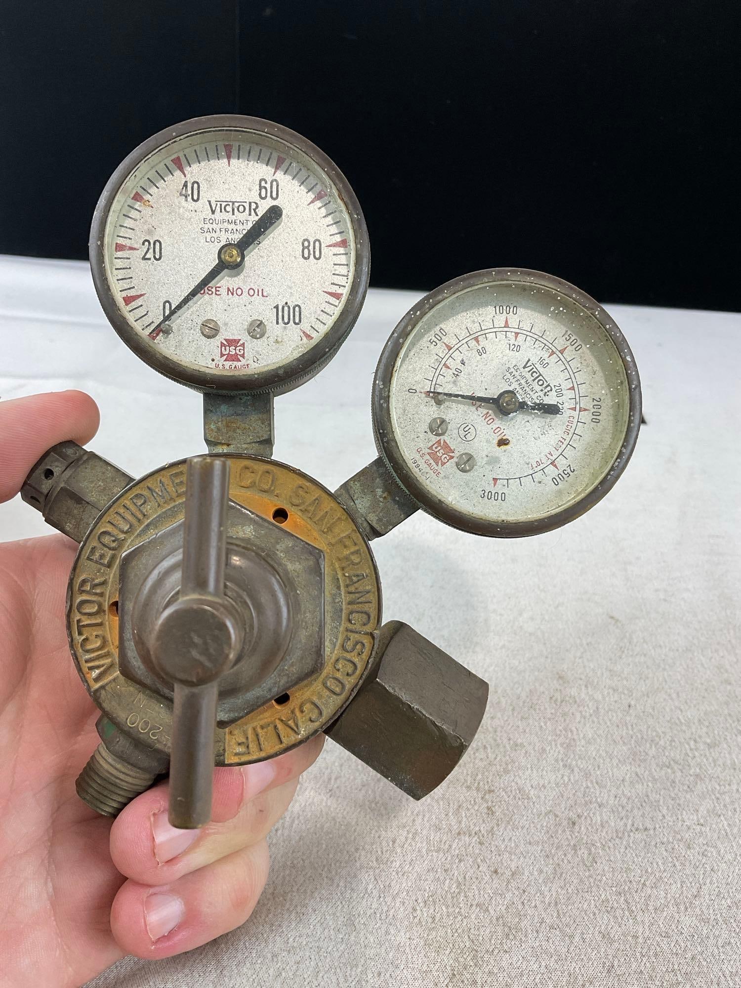 Pair of Cast Brass Victor Equipment Co. Valves, w/Oxygen/Acetylene US Gauge Co. Gas Gauges - 5