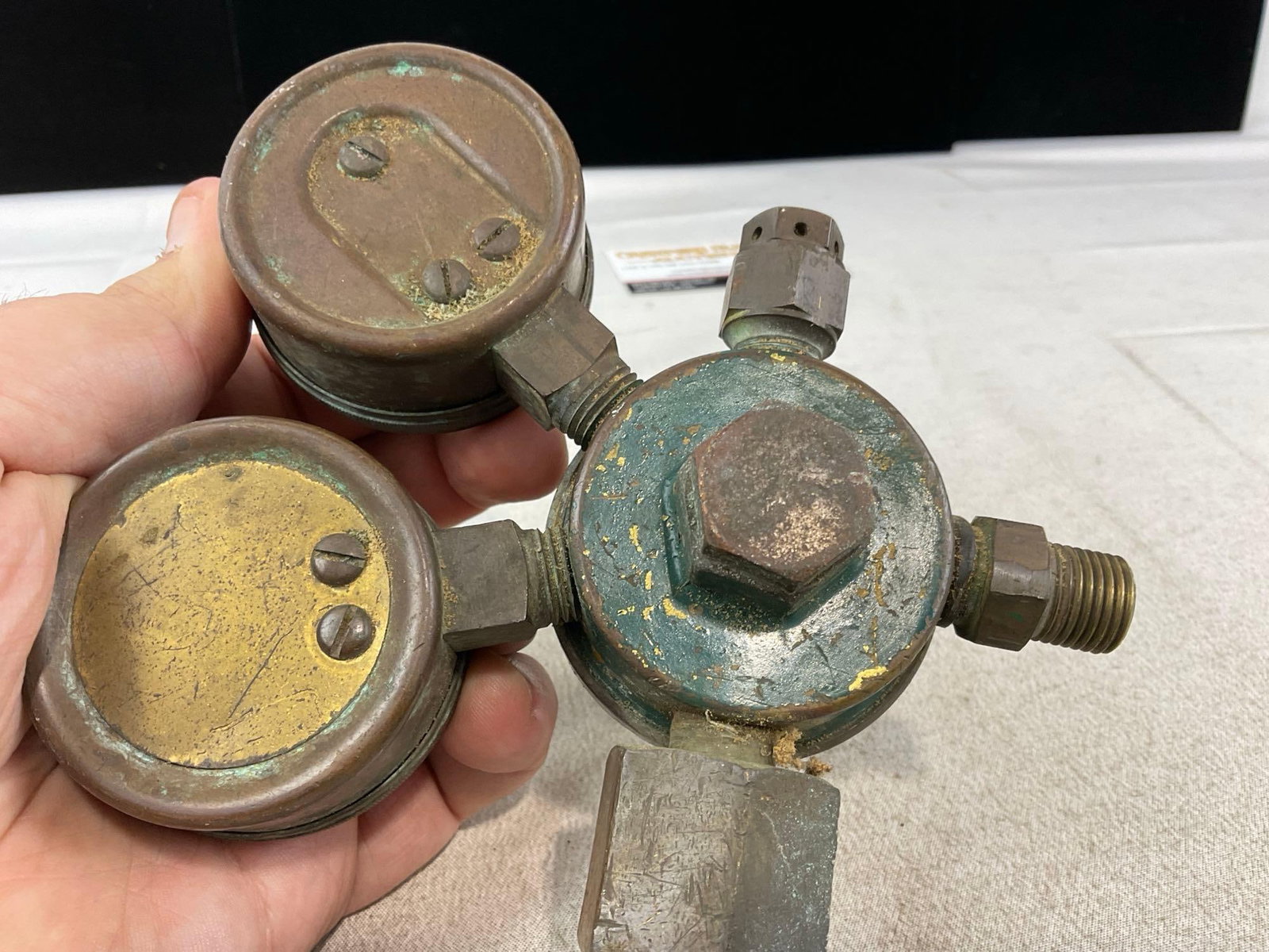 Pair of Cast Brass Victor Equipment Co. Valves, w/Oxygen/Acetylene US Gauge Co. Gas Gauges - 6