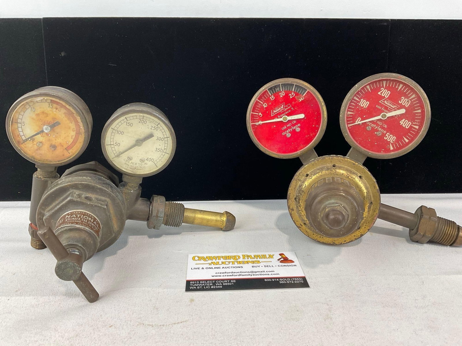 Pair of Cast Iron & Brass Valves, 2x National, Oxygen/Acetylene Gauges: Appears to be in fair to good shape. The piece measures approx 7h x 12w x 8d inches. See pics. E-6300