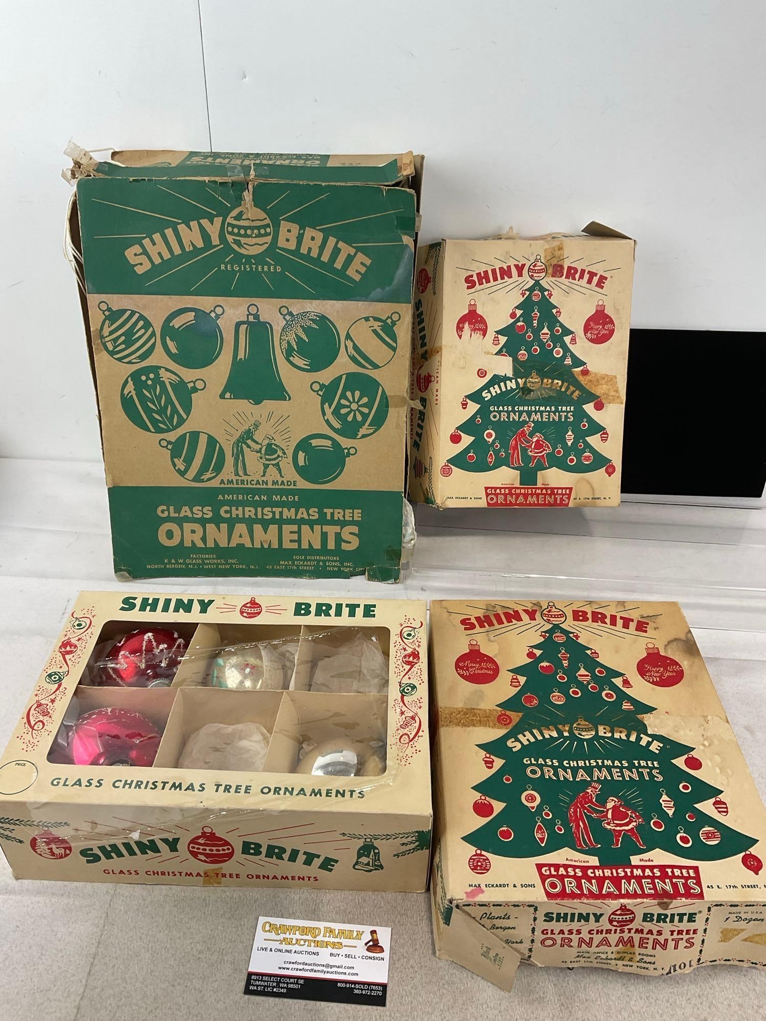 Assortment of Shiny Brite Glass Christmas Ornaments, w/original boxes that have wear, 37pcs in to...: Appears to be in fair to good shape, some missing from the sets, boxes show age, and some missing finish. The piece measures approx 10h x 17w x 13d inches. See pics. E-6300