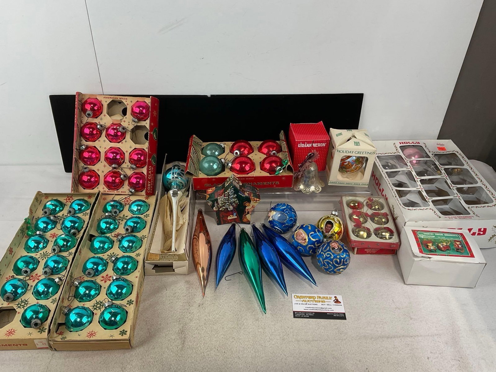 Assortment of Vintage Glass Christmas Ornaments, Coby Glass Products Co, Holly, Lillian Vernon &m...: Appears to be in good shape. The piece measures approx 11h x 19w x 15d inches. See pics. E-6300