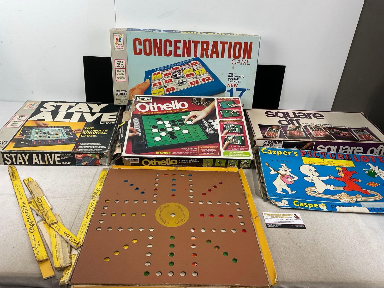 6 Vintage Games, Aggravation, Concentration, Othello, Stay Alive, Square Off, Caspers Picture Lotto: Appears to be in fair to good shape, the aggravation game is largely in pieces, the box is incomplete, and includes no marbles. Some wear from over the years across all of the boxes. The piece