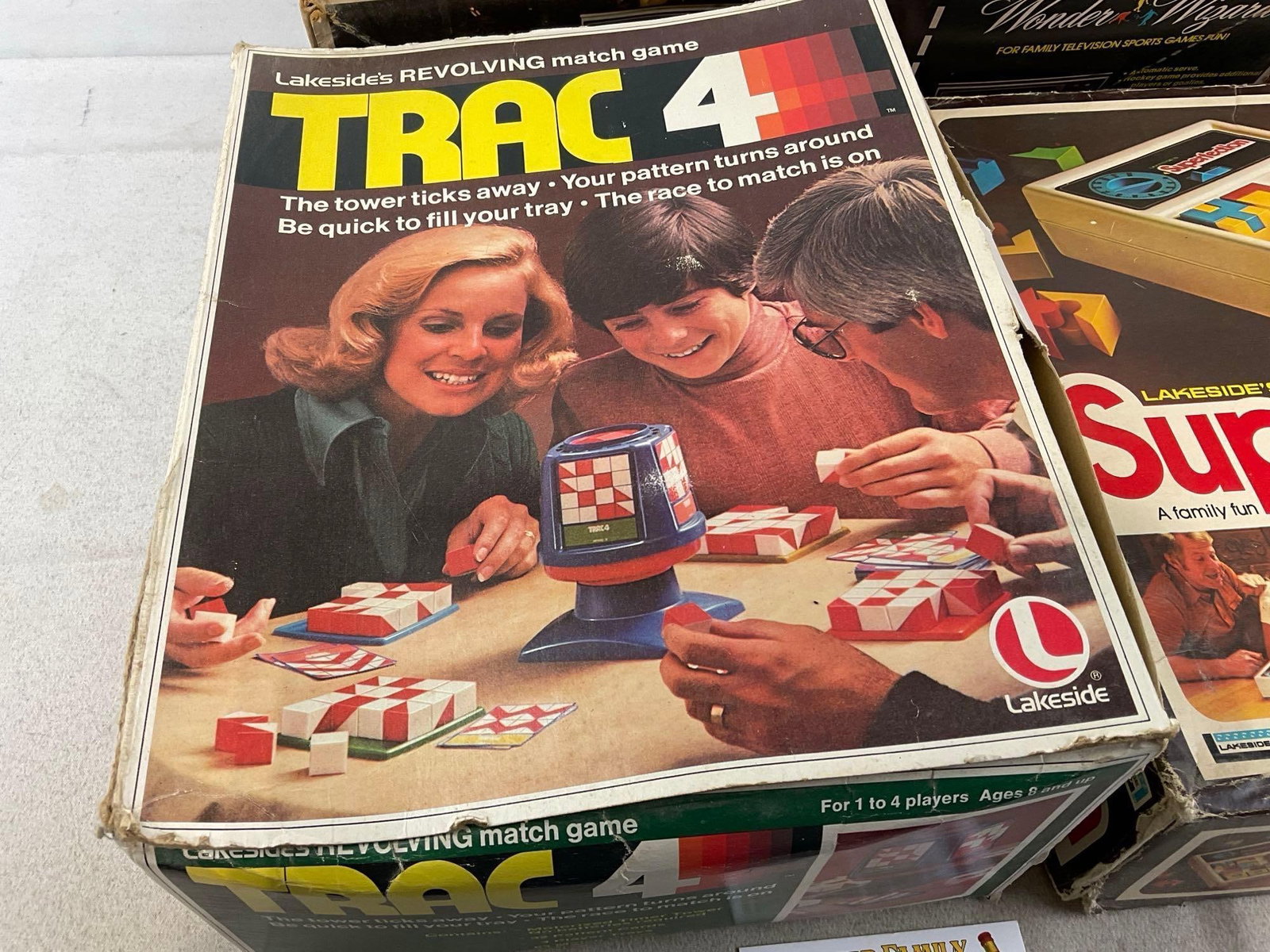 3 Vintage Games, Wonder Wizard TV game system, Trac 4, & Superfection Pattern board games - 3