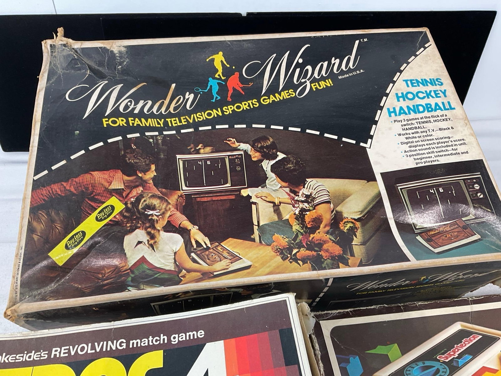 3 Vintage Games, Wonder Wizard TV game system, Trac 4, & Superfection Pattern board games - 4