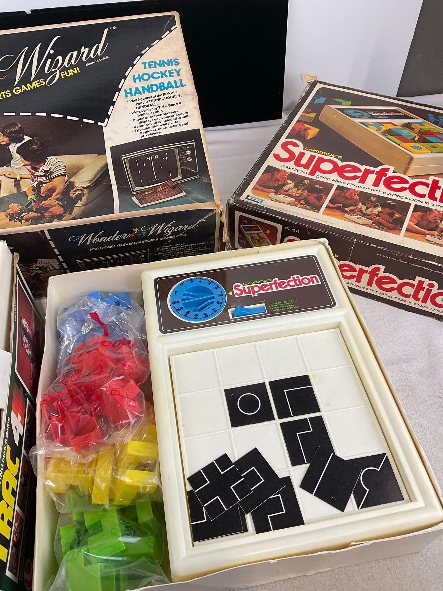 3 Vintage Games, Wonder Wizard TV game system, Trac 4, & Superfection Pattern board games - 5