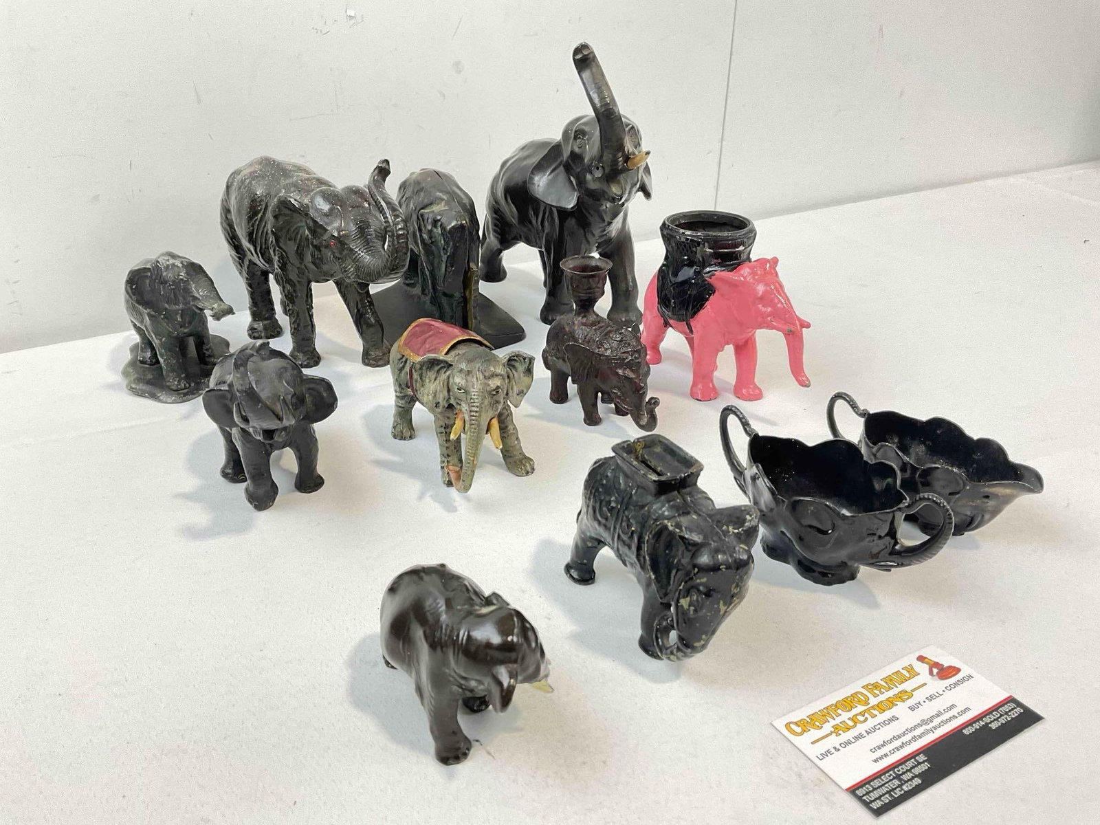 12 pcs Vintage Metal Elephant Figurines, incl. Candle Holder, Coin Bank, Book Ends & More! - 2