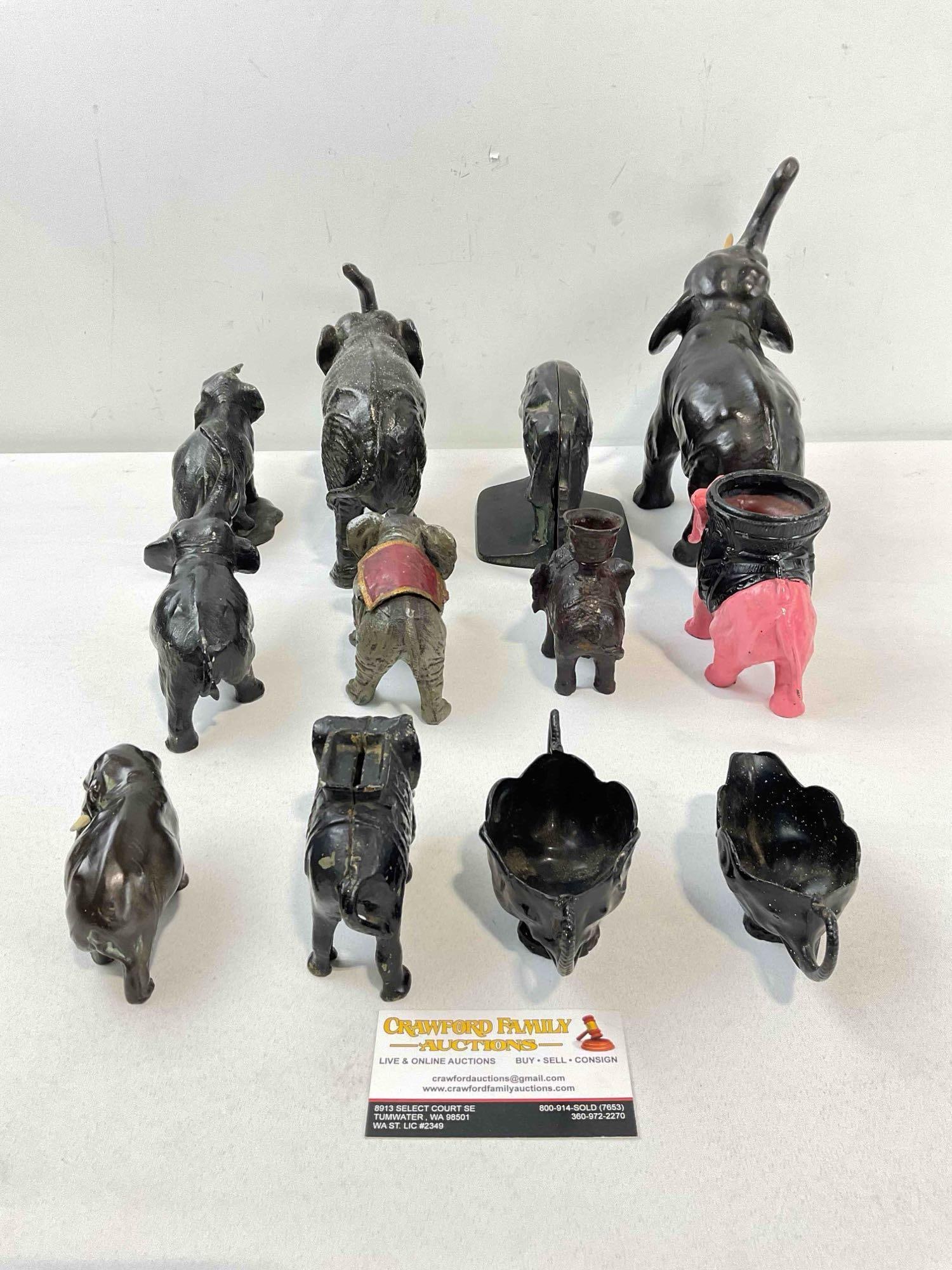 12 pcs Vintage Metal Elephant Figurines, incl. Candle Holder, Coin Bank, Book Ends & More! - 5