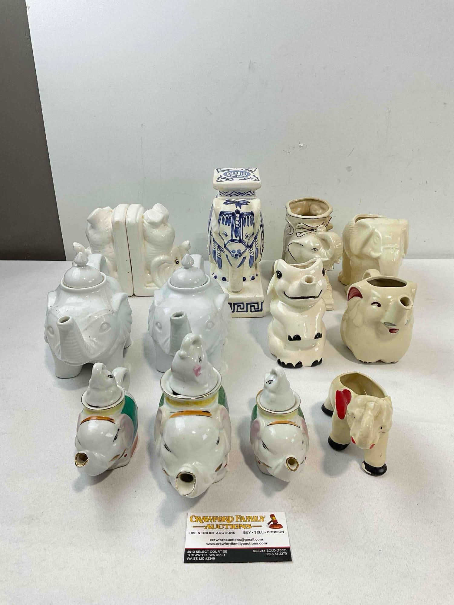 12 pcs Vintage Ceramic Elephant Figurines, incl. Planters, Teapots, Bookends & More! See pics.: 12 pcs Vintage Ceramic Elephant Figurines, incl. Planters, Teapots, Bookends & More! Pieces have wear indicative of age and use, otherwise look to be in good condition. dm-6230 Fits in a box measu