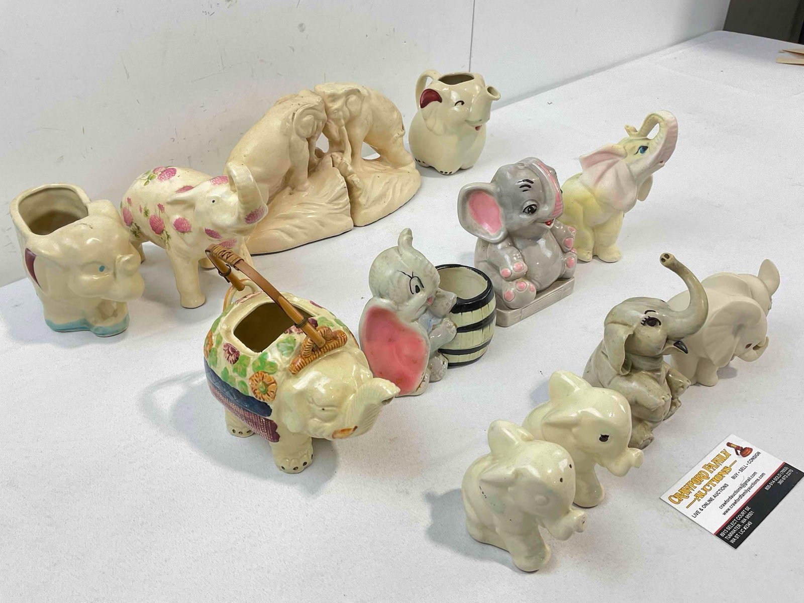 12 pcs Vintage Elephant Figurine Collection, incl. Metal Bookends, Ceramic Planter & More! - 3