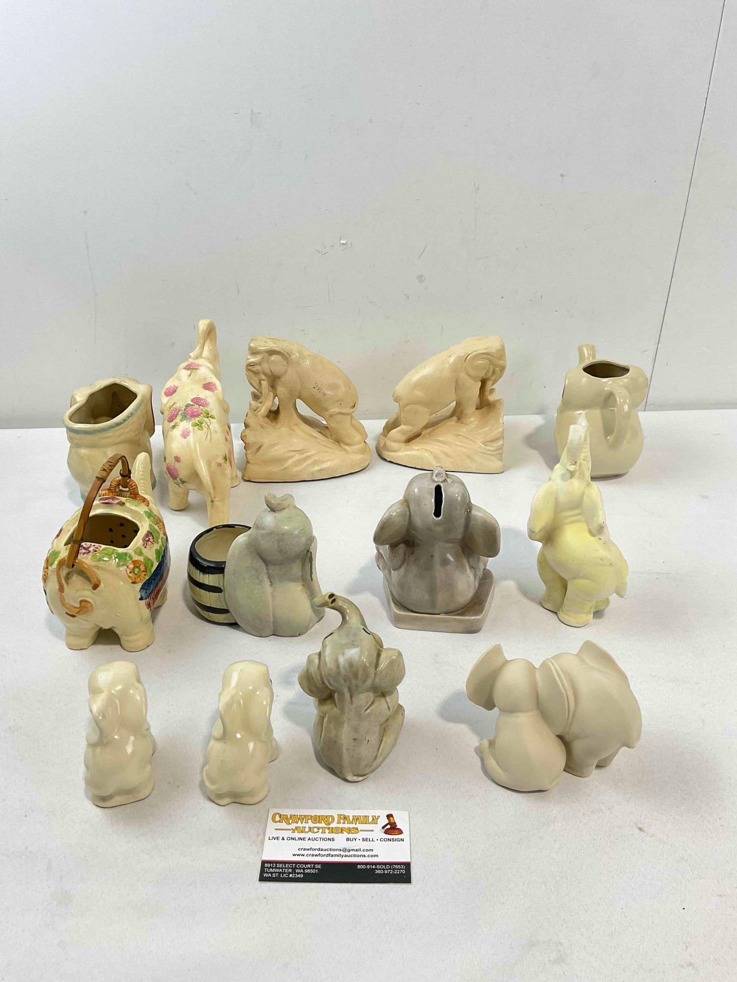 12 pcs Vintage Elephant Figurine Collection, incl. Metal Bookends, Ceramic Planter & More! - 4