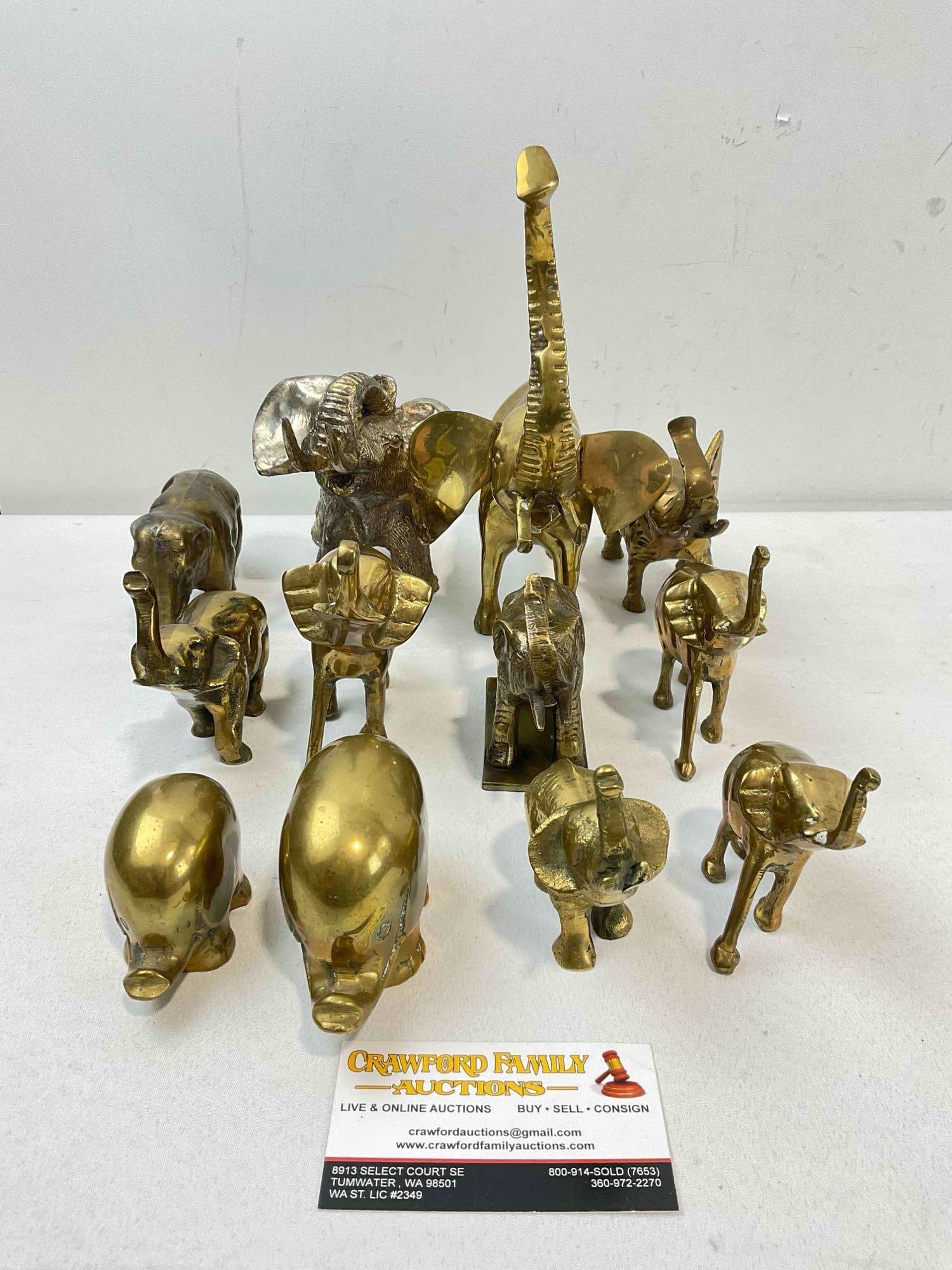 12 pcs Vintage Brass Metal Elephant Figurines & Paperweights. Good Condition. See pics.: 12 pcs Vintage Brass Metal Elephant Figurines & Paperweights. Good Condition. Minor wear indicative of age and use, otherwise looks to be in good condition. Fits in box measuring 11" x 9" x 6"
