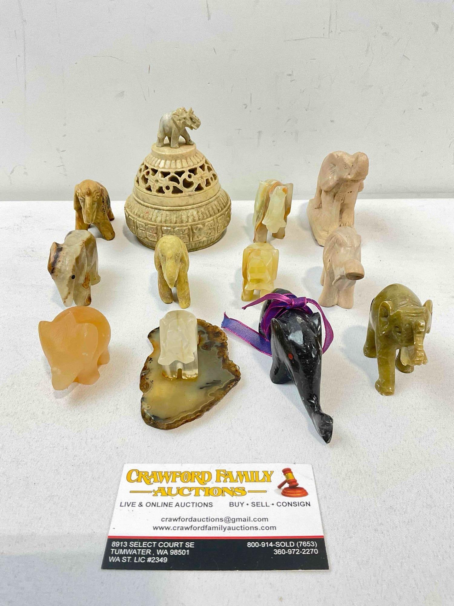 12 pcs Carved Stone Elephant Figurines & Paper Weights, incl. Agate, Onyx, Jasper & More! (1 of 4)