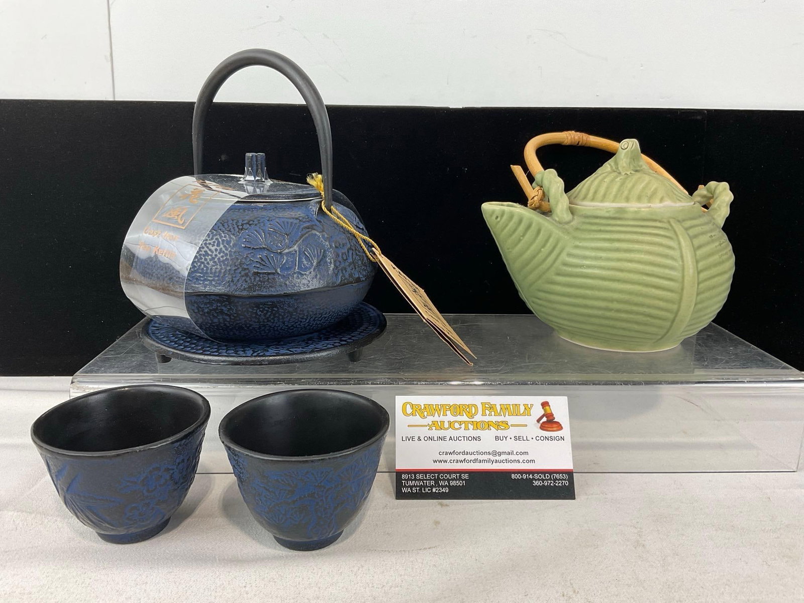 Kafuh Cast Iron Tea Kettle w/2 Cups, Ceramic Sea Foam Green Tea Pot w/Frog Finial: Appears to be in good shape. The piece measures approx 8h x 10w x 7d inches. See pics. E-6230