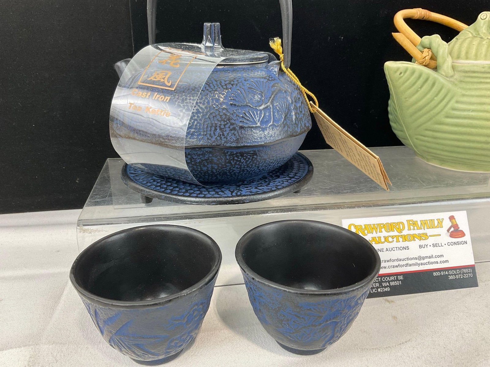 Kafuh Cast Iron Tea Kettle w/2 Cups, Ceramic Sea Foam Green Tea Pot w/Frog Finial - 3