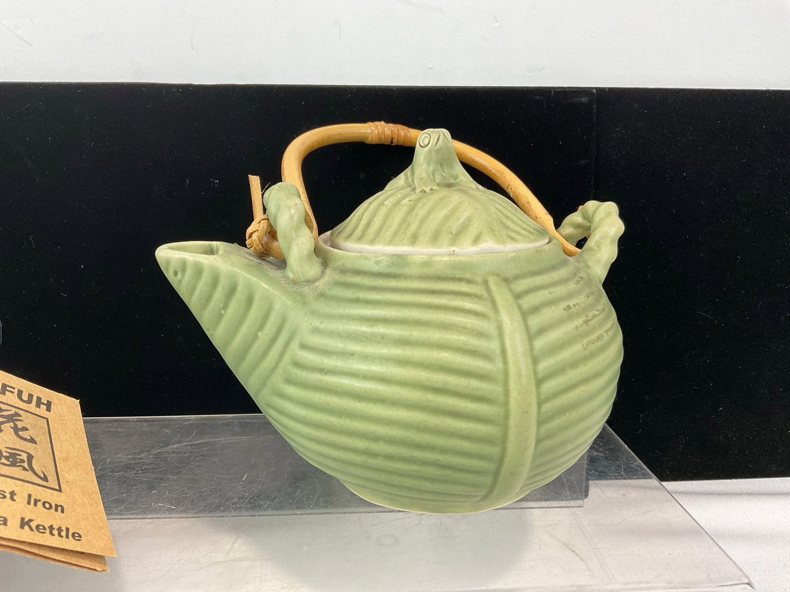 Kafuh Cast Iron Tea Kettle w/2 Cups, Ceramic Sea Foam Green Tea Pot w/Frog Finial - 4