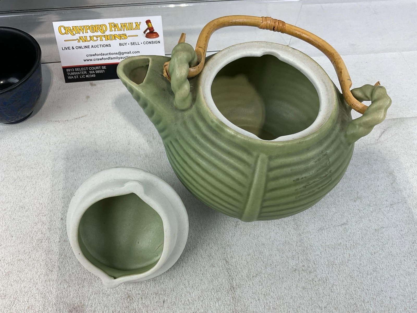 Kafuh Cast Iron Tea Kettle w/2 Cups, Ceramic Sea Foam Green Tea Pot w/Frog Finial - 5