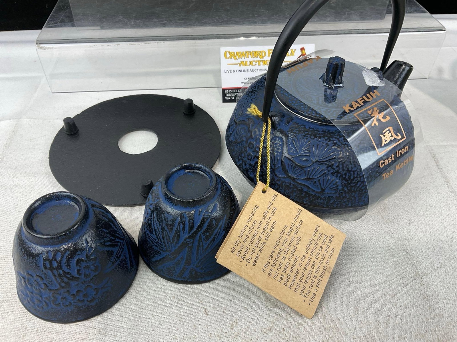 Kafuh Cast Iron Tea Kettle w/2 Cups, Ceramic Sea Foam Green Tea Pot w/Frog Finial - 6