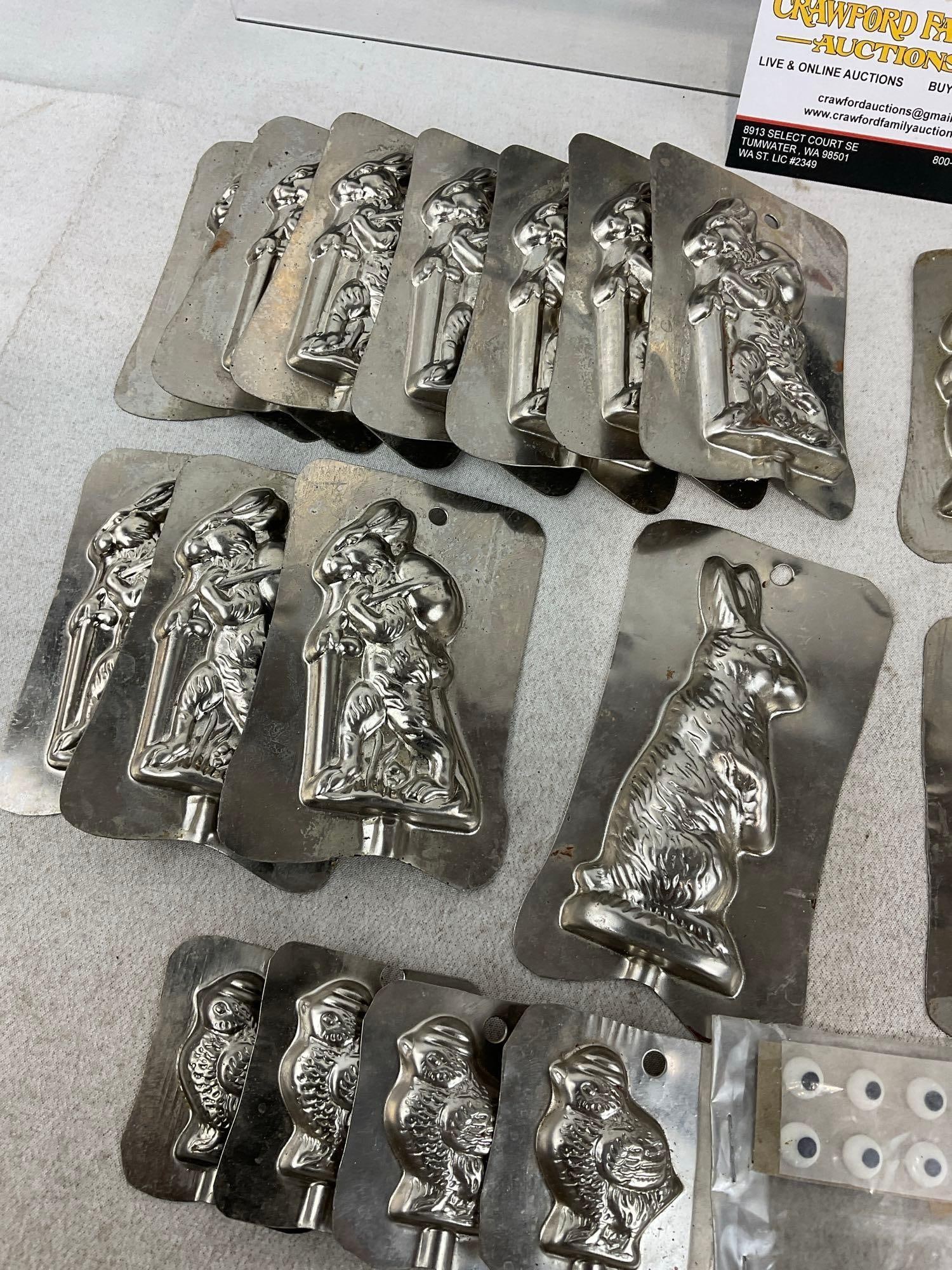 Vintage Metal Stamped Chocolate & Candy Molds, mostly Easter Bunny pattern, Small Loaf Pan, 24 pcs - 2