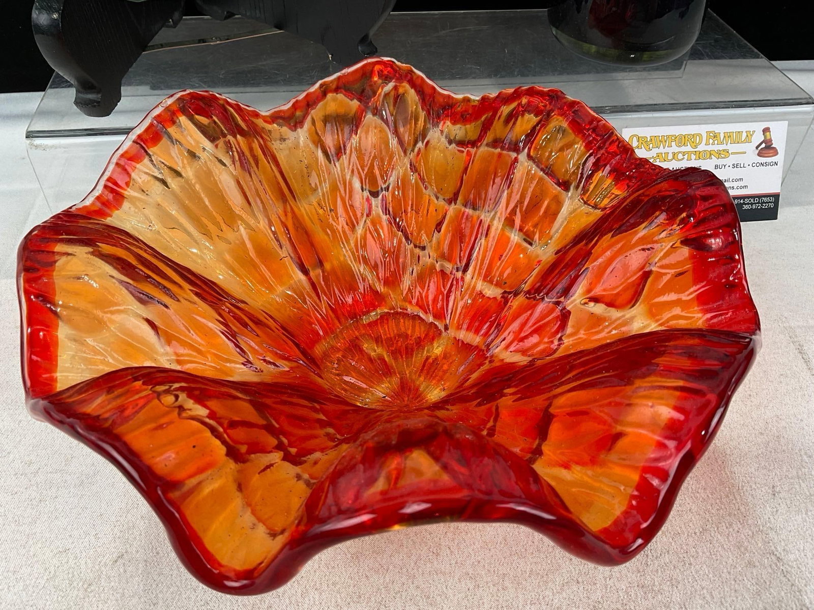 Green/Blue Fused Glass Decorative Plate, Firey Colored Frilled Dish, & Purple/Clear Bud Vase - 2