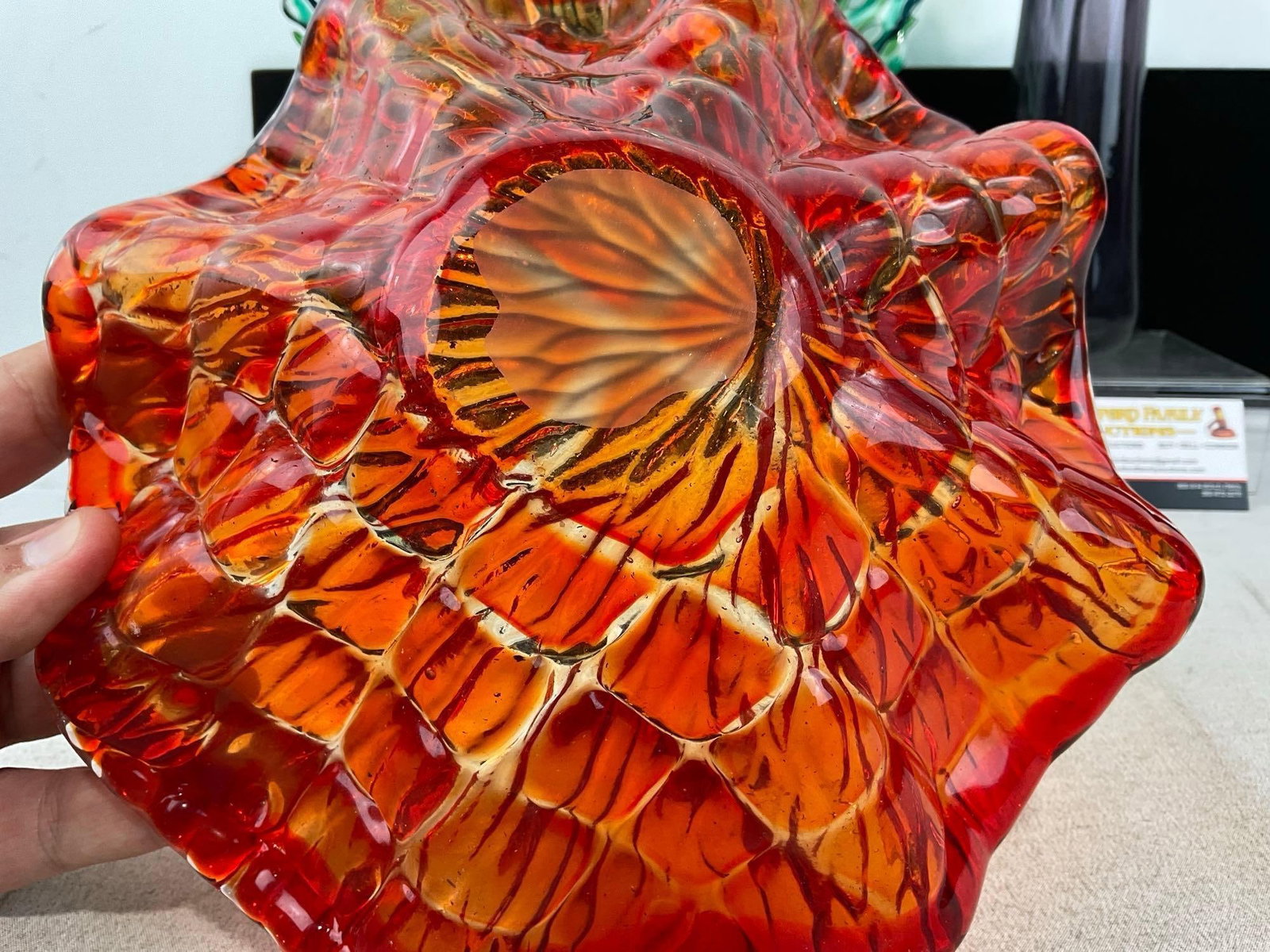 Green/Blue Fused Glass Decorative Plate, Firey Colored Frilled Dish, & Purple/Clear Bud Vase - 3
