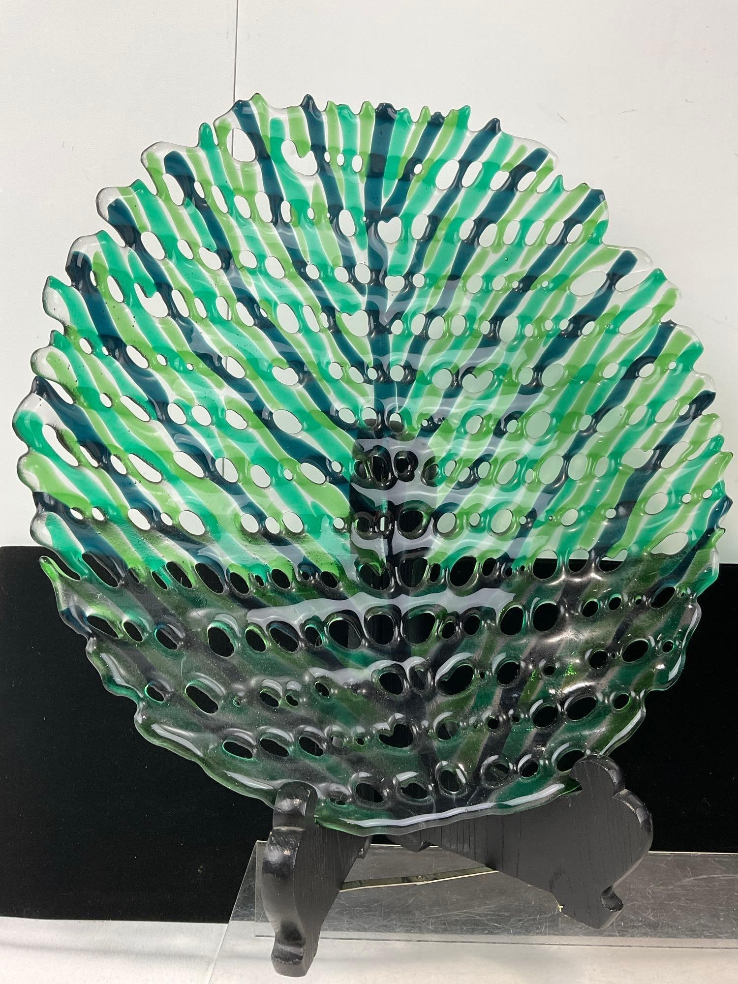 Green/Blue Fused Glass Decorative Plate, Firey Colored Frilled Dish, & Purple/Clear Bud Vase - 4