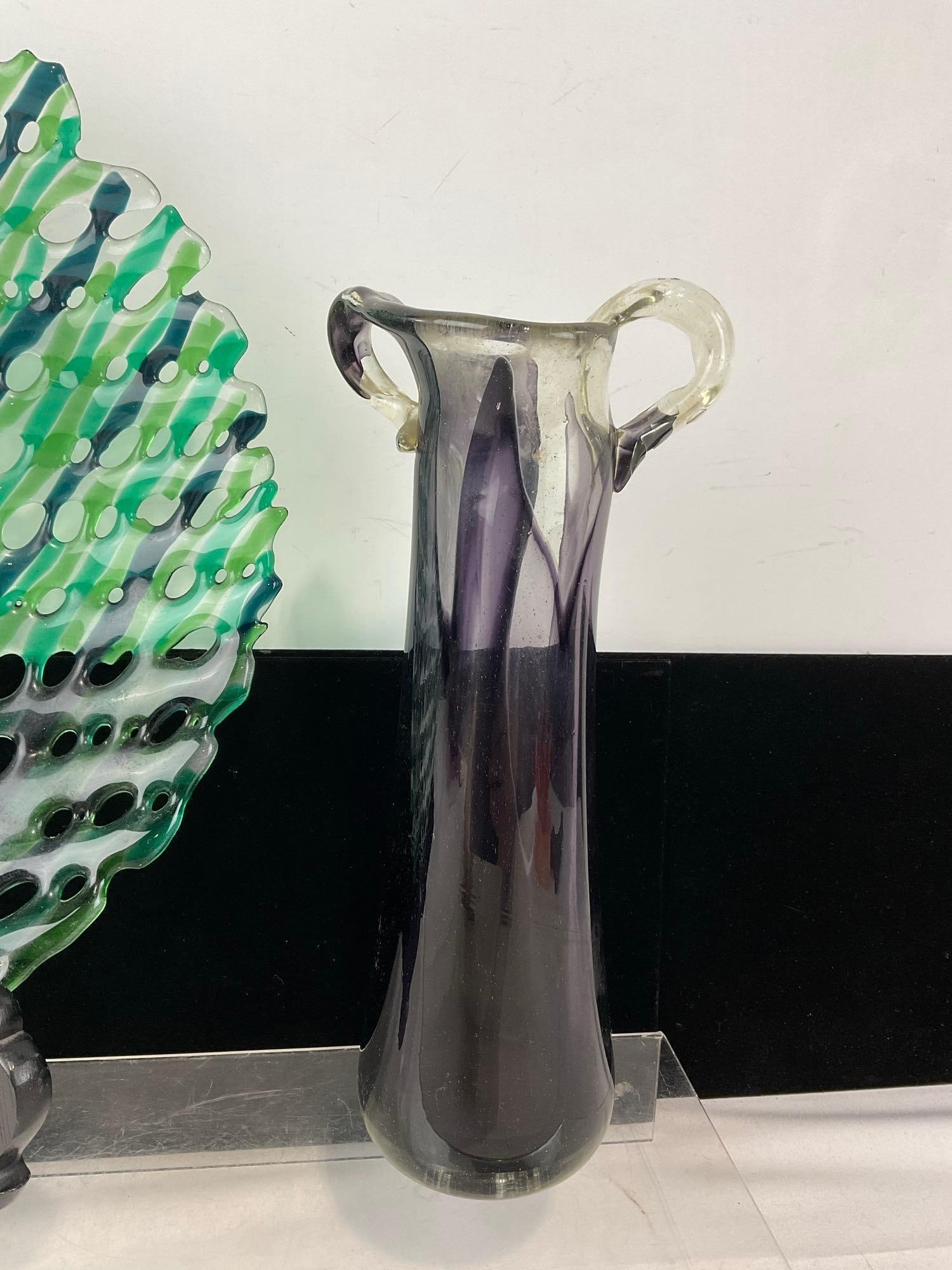 Green/Blue Fused Glass Decorative Plate, Firey Colored Frilled Dish, & Purple/Clear Bud Vase - 5