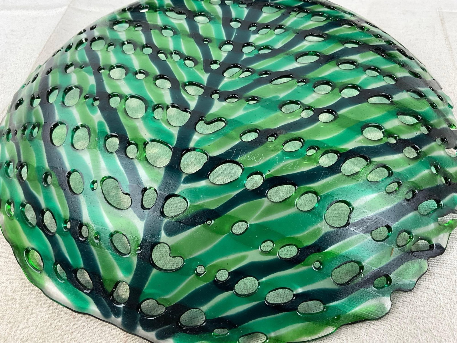 Green/Blue Fused Glass Decorative Plate, Firey Colored Frilled Dish, & Purple/Clear Bud Vase - 6