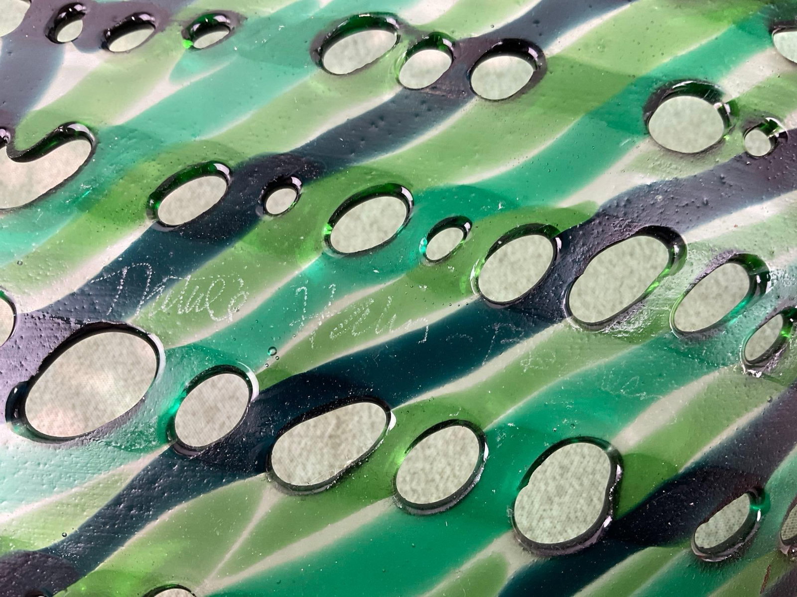 Green/Blue Fused Glass Decorative Plate, Firey Colored Frilled Dish, & Purple/Clear Bud Vase - 7
