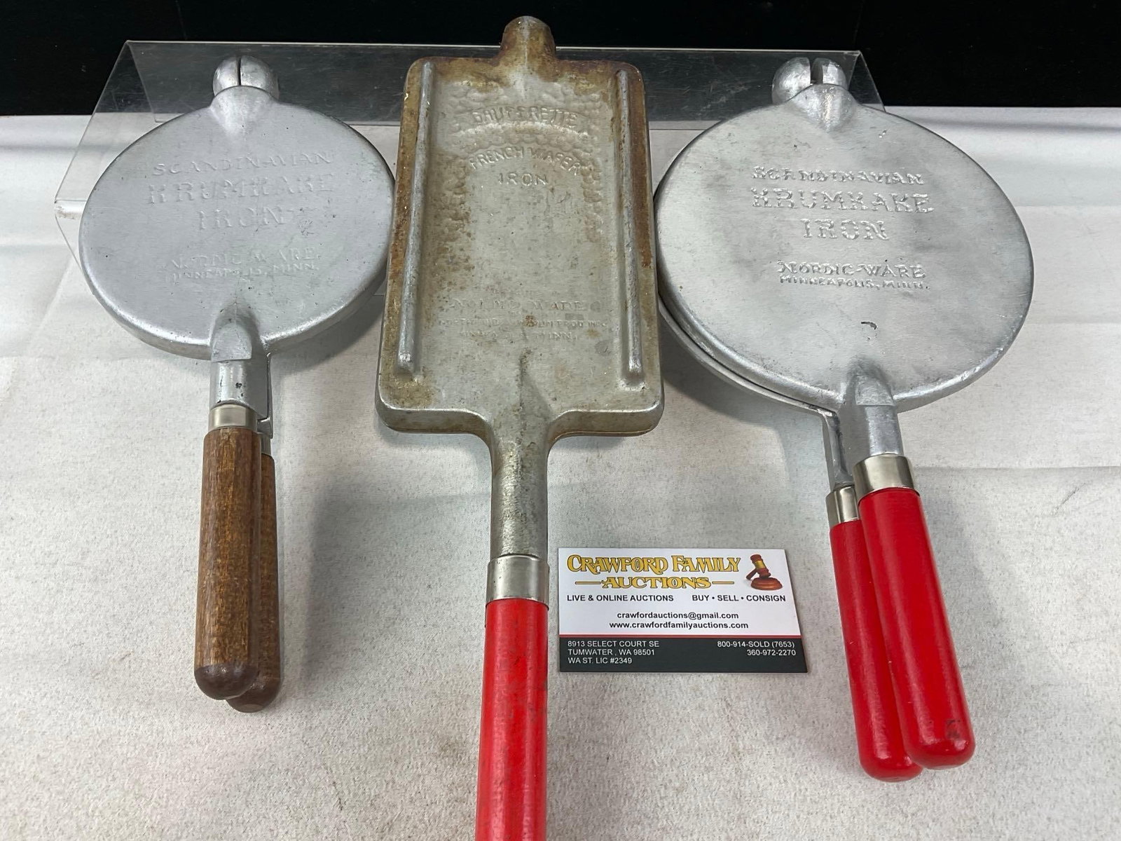 3 Nordic-Ware Irons, 2x Scandinavian Krumkake, & Sauffrette French Wafer, Wooden Handles: Appears to be in good shape. The piece measures approx 15h x 7w x 5d inches. See pics. E-6230