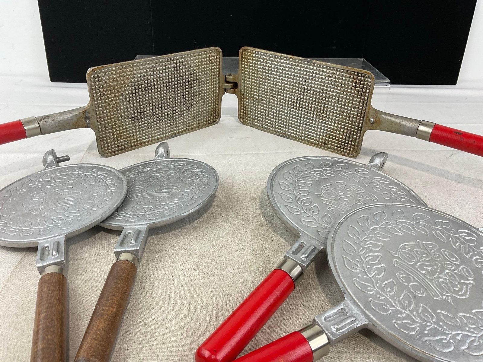 3 Nordic-Ware Irons, 2x Scandinavian Krumkake, & Sauffrette French Wafer, Wooden Handles - 5