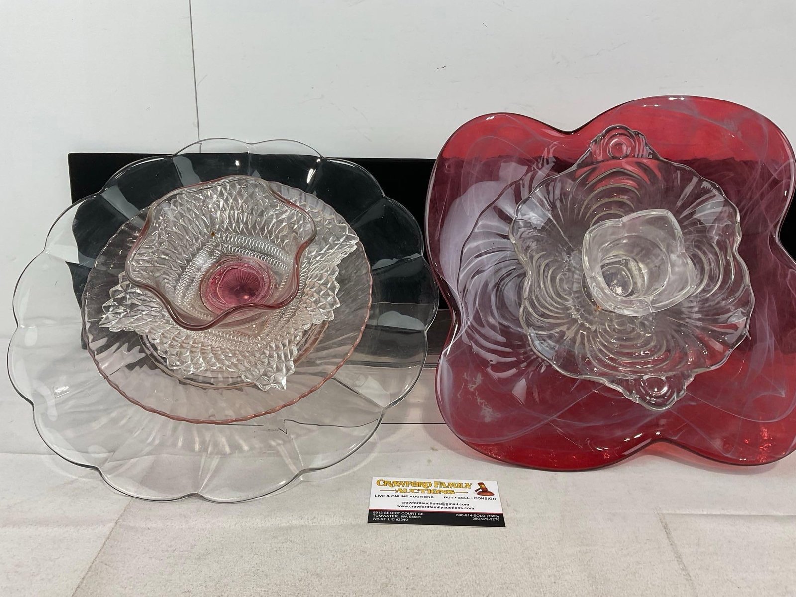 Pair of Fused Vintage Glass Plates & Bowls, Unique Handmade, Pink Depression Glass, & more included: Appears to be in good shape. The piece measures approx 9h x 14w x 15d inches. See pics. E-6230