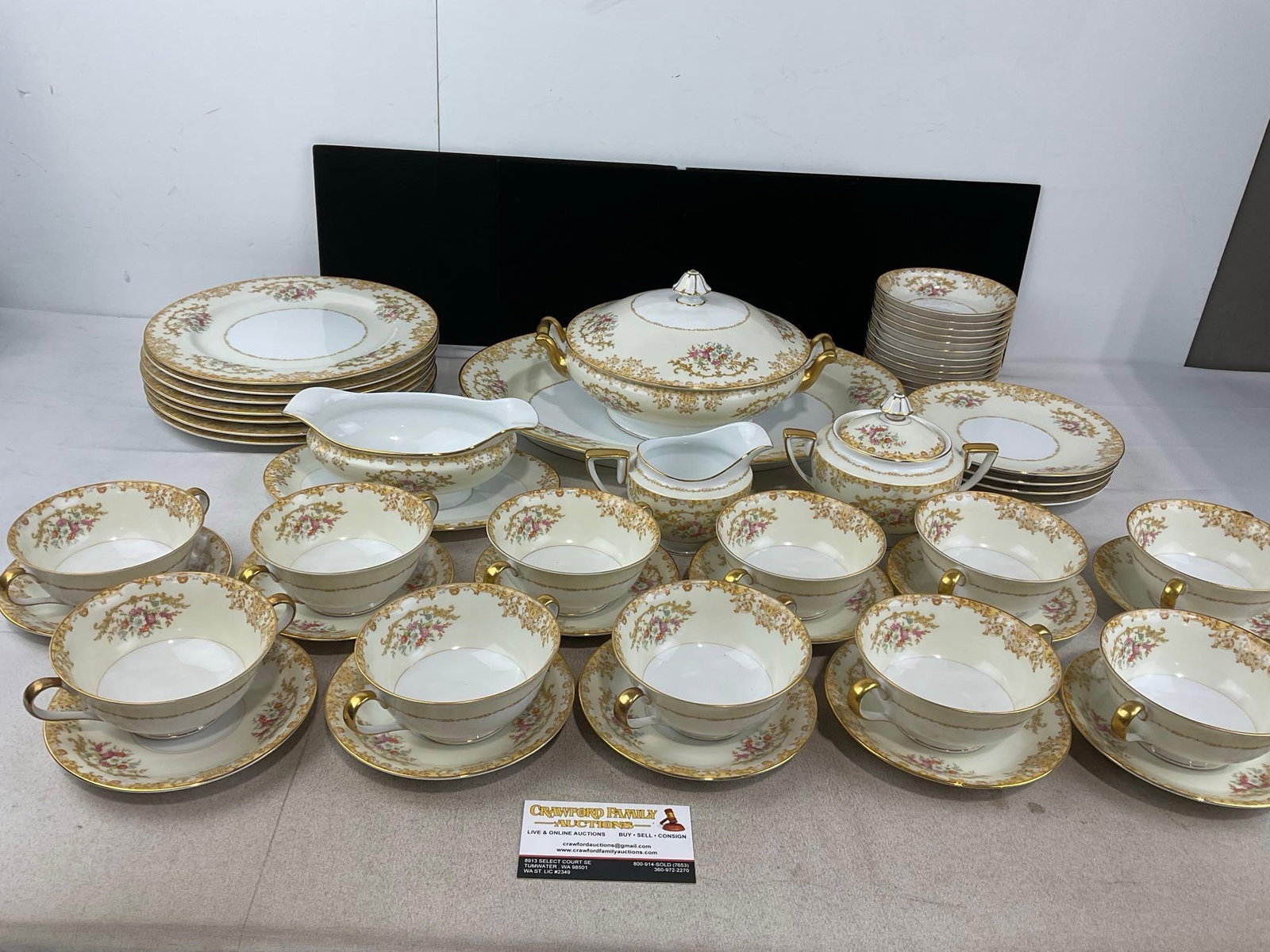Noritake China, Scrolled Edge Trim, Gilt Rims, Floral Details, approx 50 pieces: Includes: 11 cups, 11 saucers, creamer & sugar bowl w/lid, gravy boat, soup tureen w/lid, platter, 4 lunch plates, 7 dinner plates, 12 small bowls. Appears to be in good shape. See pics. E-62