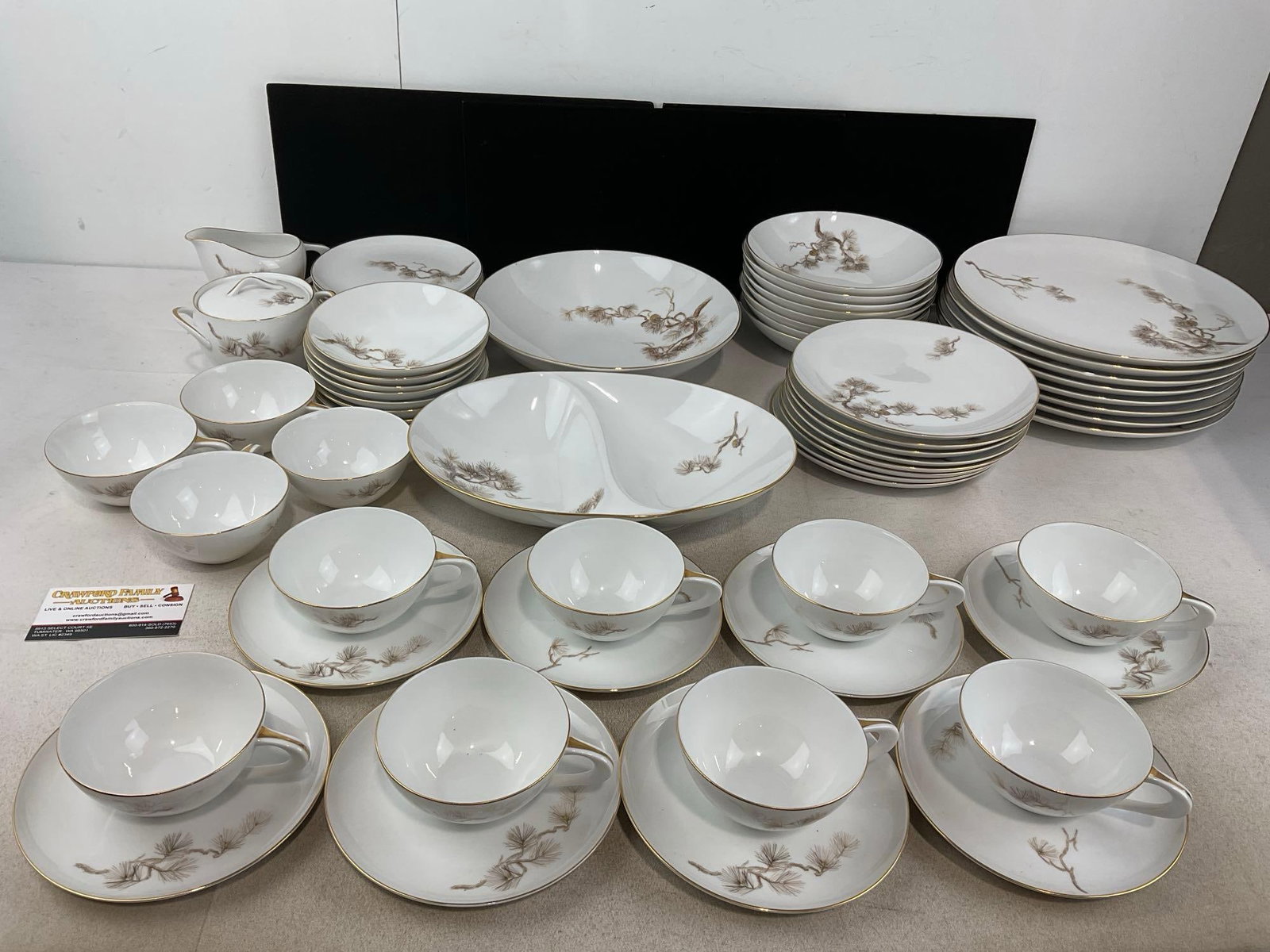 Larchmont pattern China by Sango Japan, service for 8, approx 64 pieces in total: Includes: 12 cups, 8 saucers, 8 small bowls, 8 bread & butter plates, 8 medium bowls, 8 lunch plates, 8 dinner plates, divided bowl, large serving bowl, creamer & sugar bowl w/lid. Appears to