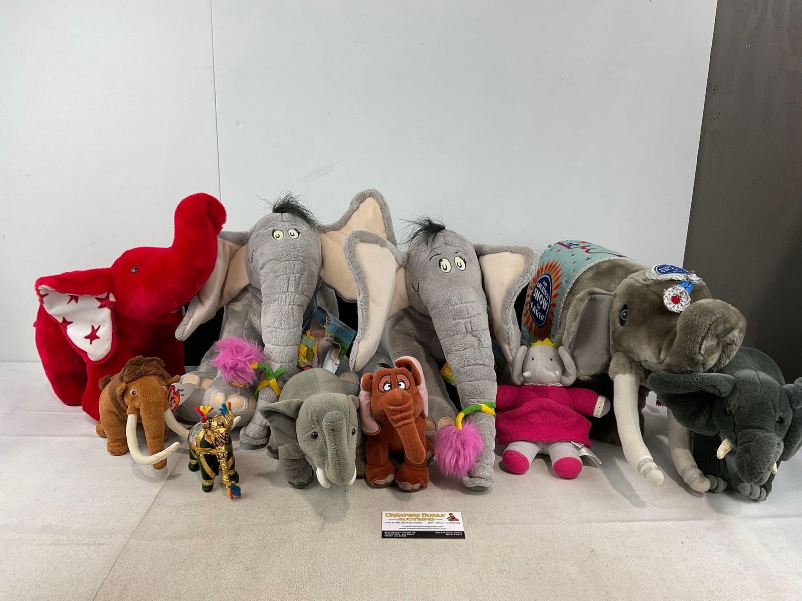 Collection of Elephant Plushes, 2x Horton Hears a Who, The Greatest Show on Earth & Ty Beanie Bab...: Appears to be in good shape. The piece measures approx 12h x 23w x 16d inches. See pics. E-6230